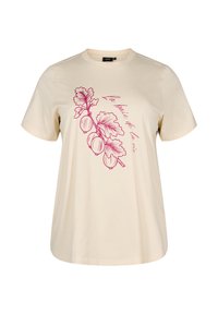 Cream-colored t-shirt made of soft fabric featuring a graphic design of leaves and berries in dark pink on the front.