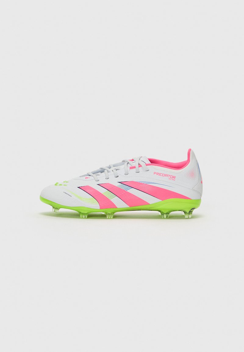 White football boot with pink and neon green accents, featuring rubber studs, textured upper, and a streamlined design.