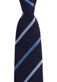 Navy tie with textured weave, featuring diagonal light blue stripes. Classic design, suitable for formal or semi-formal occasions.