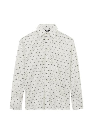 Camicia bianca a maniche lunghe con bottoni, decorata con motivo a logo GCDS nero e beige e colletto classico.