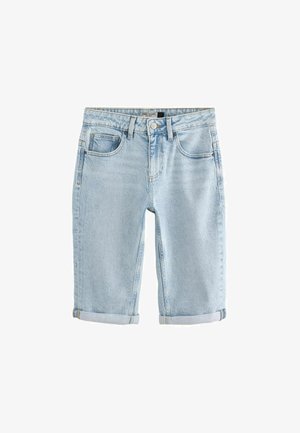 Lichtblauwe denim kniebange shorts met omgeslagen zomen, een knoopsluiting, twee voorzakken en subtiele vervagingselementen.