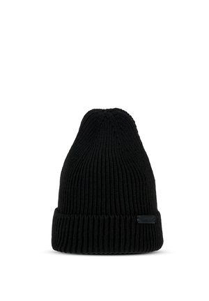 Beanie nero a maglia con texture a coste e risvolto. Presenta una piccola etichetta con il marchio. Progettato in una forma alta e affusolata.