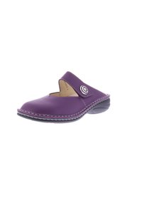 Purple slip-on clog with a rounded toe, leather upper, adjustable strap, and white stitching; features a black outsole.