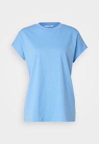 Ljusblå bomullströja med korta ärmar, rund halsringning, avslappnad passform och mjuk textur. Inga synliga mönster eller accenter.