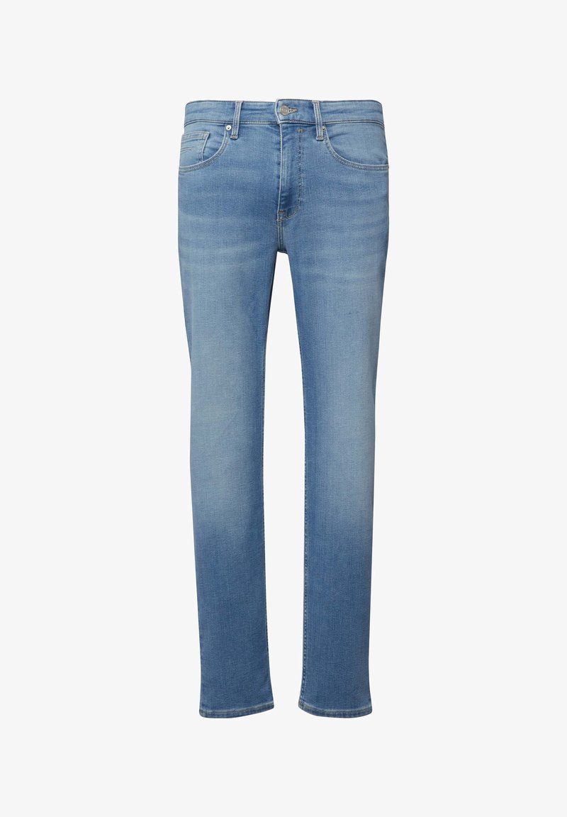 Jeans in denim azzurro chiaro con design a gamba dritta, cinque tasche, cuciture visibili e un leggero effetto sbiadito sulle cosce.