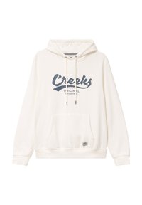 Sudadera de color crema con cordones, bolsillo frontal y un gráfico en azul oscuro que dice "Creeks Original Desde 1994" en el pecho. Textura de tela suave.
