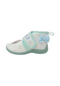 Stivaletto per bambini glitterato in argento con dettagli in aqua, cintura in Velcro, caratterizzato da un fiocco e un design di personaggio nella parte anteriore. Materiale morbido e testurizzato.