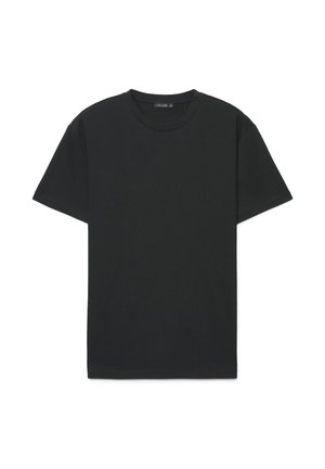 T-shirt noir à manches courtes avec col rond, design uni, posé à plat sur un fond blanc.