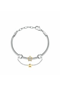 Bracciale d'argento con una catena testurizzata, un ciondolo a forma di stella con piccole cristalli e un accento a stella dorata, con chiusura a moschettone.