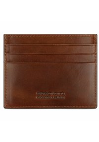 Brauner Echtleder-Kartenhalter mit sechs Fächern, geprägt mit den Details "RFID-SCHUTZ" und "ECHTLEDER", glatte Oberfläche, rechteckige Form.