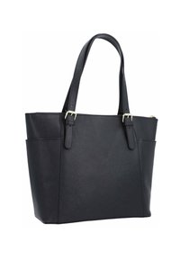 Sac fourre-tout noir en matériau synthétique texturé. Il dispose de deux poignées solides, d'une fermeture éclair et de poches extérieures pour le rangement.