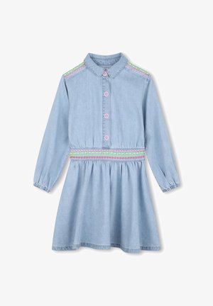 Lyseblå langærmet denimkjole med krave, lyserøde knapper, elastisk talje og farverig lyserød og grøn broderet kant på skuldrene og taljen.