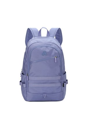 Purple backpack made of durable fabric, featuring a zippered front pocket, adjustable straps, and side compartments.