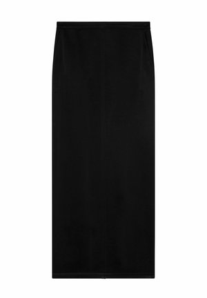 Jupe midi noire avec une silhouette droite, fabriquée dans un matériau lisse. Dotée d'une taille élastique et sans motifs ou accents visibles.