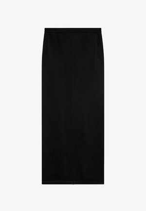 Falda midi negra con una silueta recta, hecha de un material suave. Cuenta con una cintura elástica y sin patrones o acentos visibles.