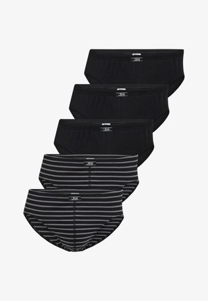 Sæt med sorte og stribede trusser; sort stof med glat overflade, elastiske taljebånd; to par helt sorte, to par med sorte og grå striber.