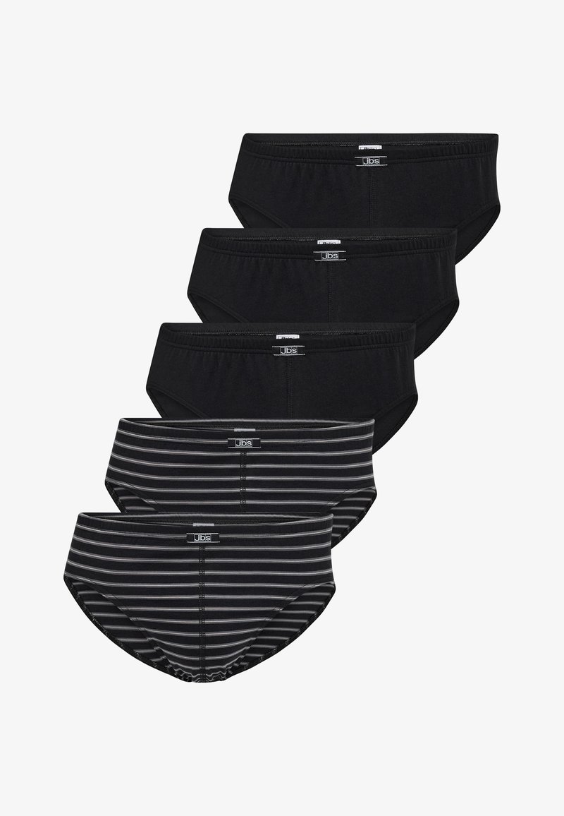 Sæt med sorte og stribede trusser; sort stof med glat overflade, elastiske taljebånd; to par helt sorte, to par med sorte og grå striber.