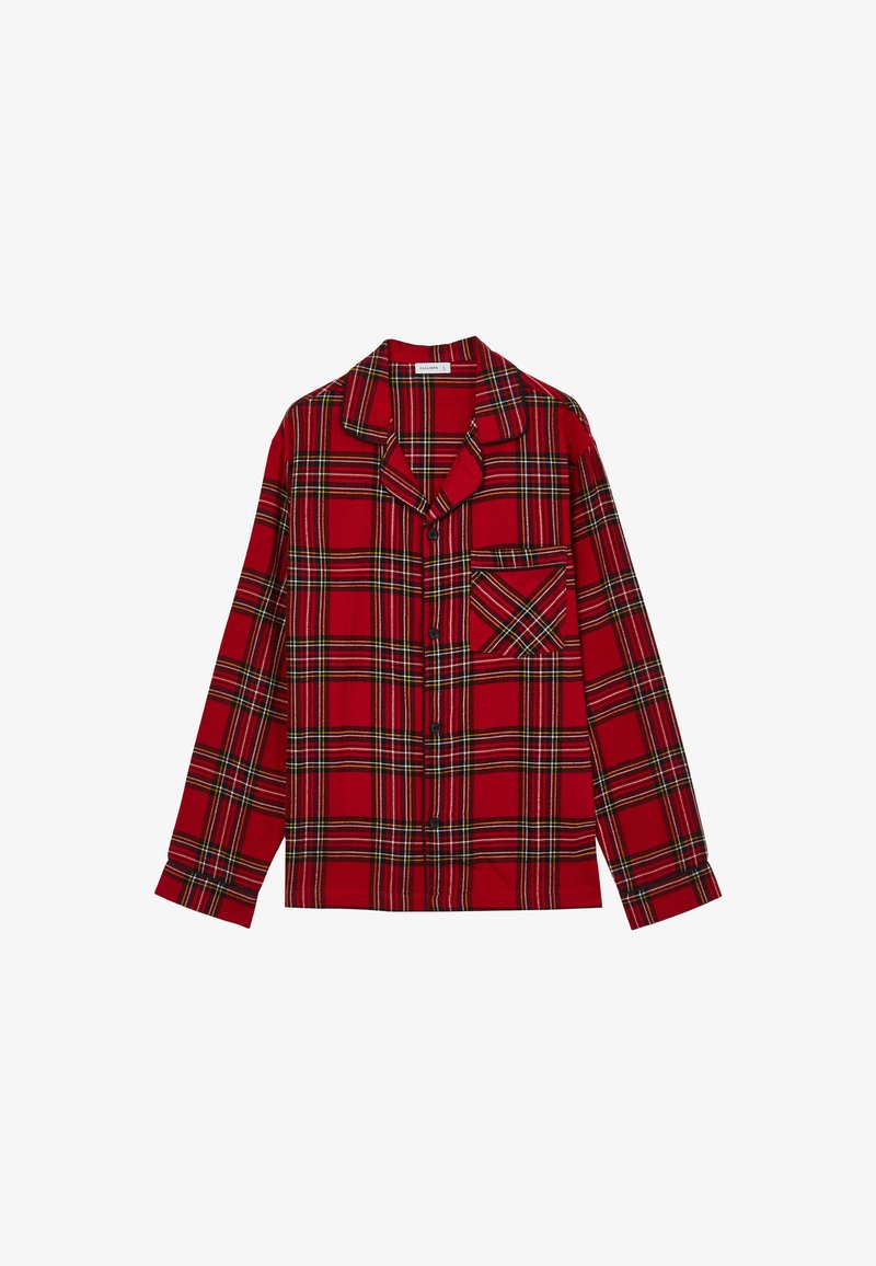 Camicia a maniche lunghe a quadri rossi in tessuto morbido, con colletto a punte, chiusura con bottone e una tasca sul petto con motivo a quadretti diagonali.