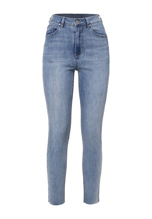 Jeans a vita alta di colore blu chiaro, realizzati in denim con una vestibilità slim, dotati di due tasche frontali, chiusura con bottone e delicate sfumature.