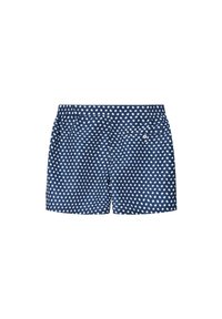Marineblaue Shorts mit weißen Punkten, elastischem Bund, zwei Seitentaschen und einer einzelnen Gesäßtasche mit Knopfverschluss.