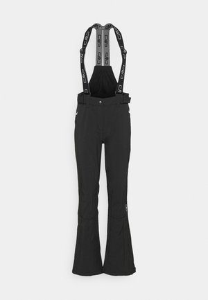 Czarne spodnie narciarskie z regulowanymi, markowymi szelkami, przednim zapięciem na guziki, kieszeniami na zamek oraz rozszerzanymi nogawkami, zaprojektowane na sporty zimowe.