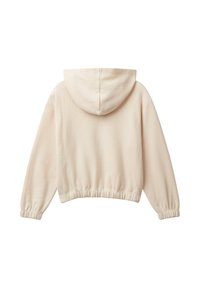 Beige mikina s kapucí a dlouhými rukávy, s elastickými manžetami a elastickým lemem, zobrazená zadní strany na bílém pozadí.