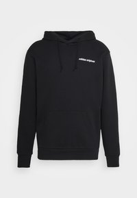 Fekete kapucnis pulóver, pamutból készült, kenguruzsebbel, húzózsinórral ellátott kapucnival, és fehér "adidas originals" felirattal a mellkasán.