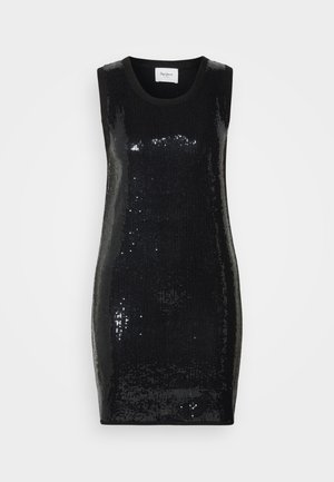 Ærmeløs sort kjole dækket af pailletter, med rund halsudskæring og figursyet design, med en glat tekstur og blank finish.
