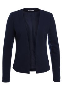 Blazer bleu marine avec une coupe ajustée, manches longues, ouverture avant et deux poches avant ; confectionné dans un tissu doux et texturé.