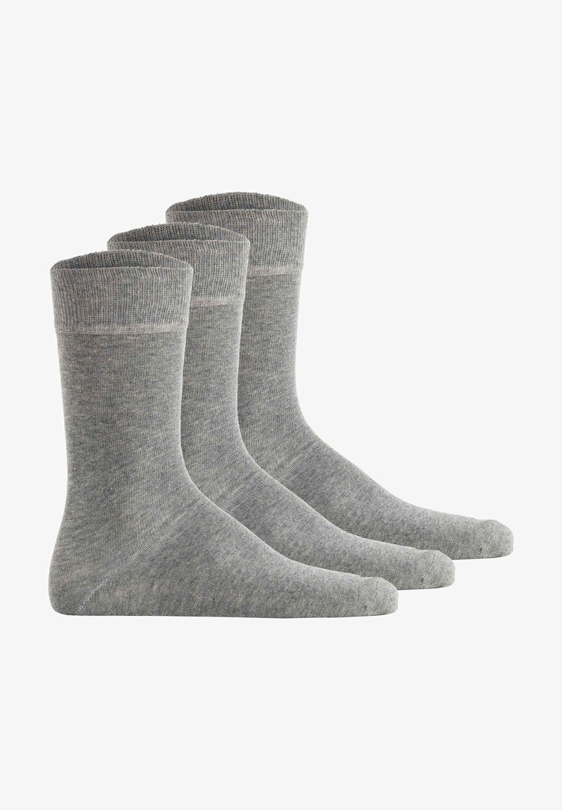 Drei Paar graue Baumwollsocken mit gestreifter Textur, einfarbig und mit umgeschlagenem Bündchen oben.