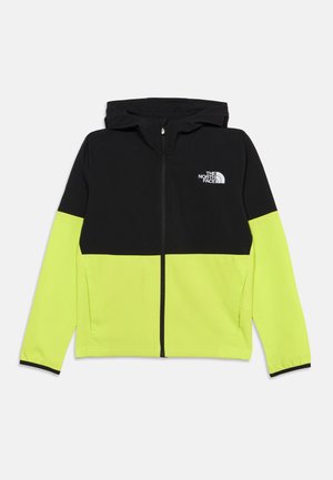 Jachetă cu glugă și fermoar, neagră cu galben neon, mâneci lungi și logo The North Face pe piept.