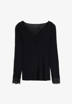Black long-sleeve top with a V-neck featuring lace trim along the neckline and cuffs. Fabric appears soft with a smooth texture.