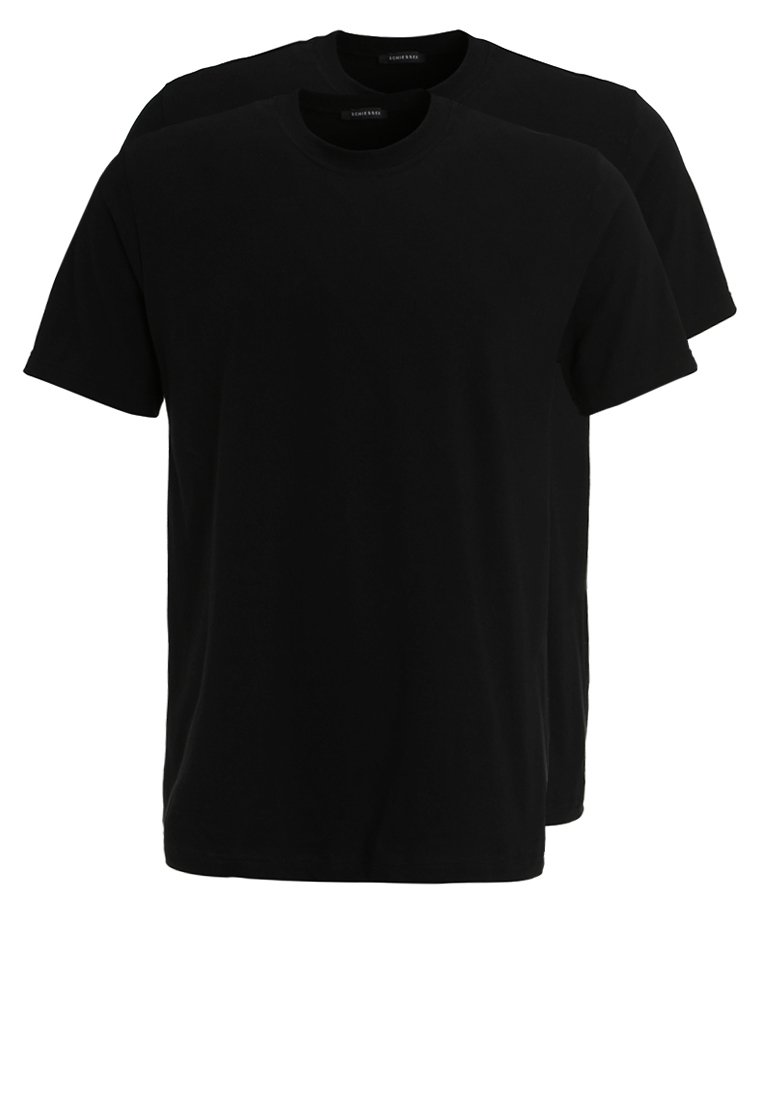 Zwarte katoenen t-shirts, ronde hals, korte mouwen, ontspannen pasvorm. Twee gestapelde shirts, gladde textuur, geen zichtbare patronen of afbeeldingen.