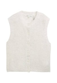 Gilet en maille sans manches gris clair avec une texture côtelée, décolleté en V et six boutons blancs sur le devant ; design décontracté, tissu doux.
