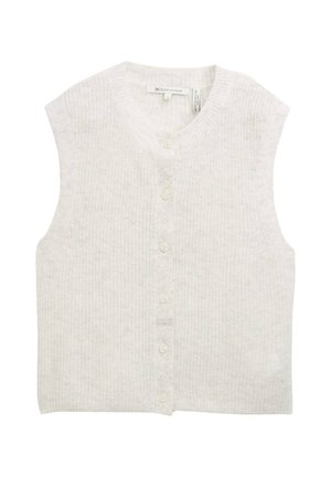 Gilet senza maniche grigio chiaro in maglia con una texture a coste, scollatura a V e sei bottoni bianchi sul davanti; design informale, tessuto morbido.