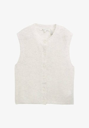 Gilet senza maniche grigio chiaro in maglia con una texture a coste, scollatura a V e sei bottoni bianchi sul davanti; design informale, tessuto morbido.