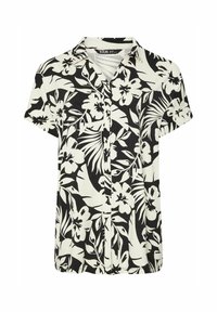 Kortärmad skjorta med knappar i svart och vitt blommönster. Tillverkad av mjukt tyg med krage och avslappnad passform. Har en rundad nederkant.