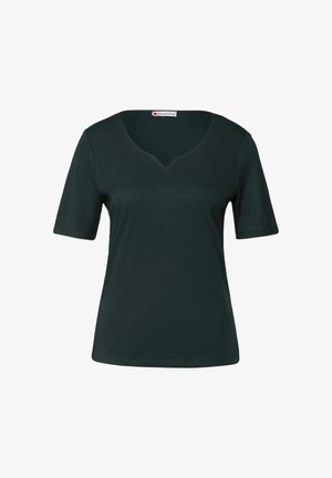 Ciemnozielona, krótko rękawowa koszulka z dekoltem w serek. Wykonana z miękkiego materiału, charakteryzująca się prostymi liniami i brakiem widocznych wzorów lub akcentów.