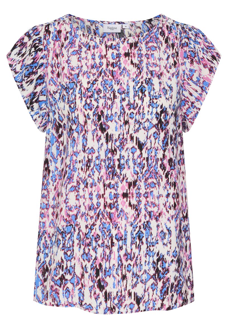 Bluzka z krótkim rękawem w abstrakcyjny wzór w odcieniach różu, niebieskiego, czarnego i białego, okrągły dekolt i luźny krój.