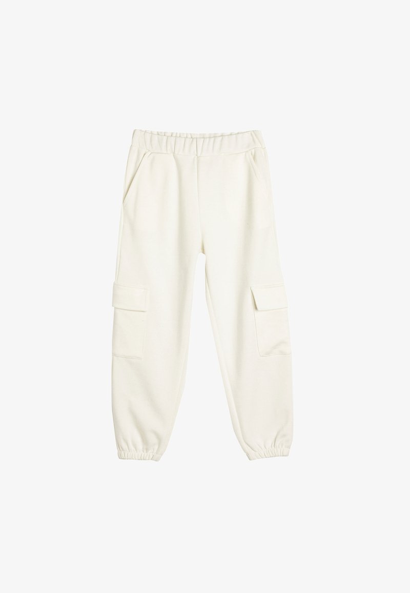 White cargo pants made of soft fabric featuring an elastic waistband, cuffed ankles, and two side pockets. Simple, clean design.