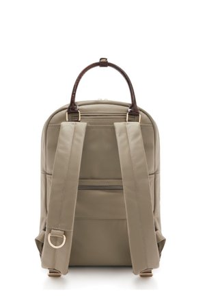 Beige backpack made of textured material, featuring a top handle, padded shoulder straps, and a zippered back pocket.