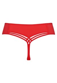 Roter Tanga aus glattem Stoff mit mehreren schmalen, ausgeschnittenen Bändern vorne und einem dünnen Riemen hinten.