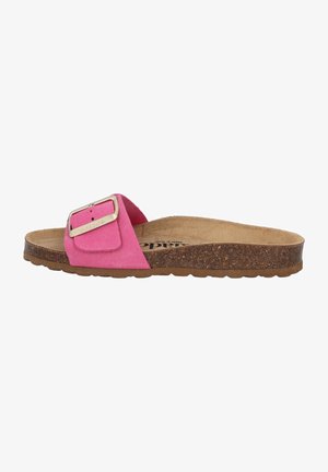 Sandalia de ante rosa con una correa ancha que presenta una hebilla metálica. Suela de corcho con textura para un mejor agarre. Diseño minimalista, estilo abierto por detrás.