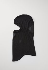 Sort balaclava lavet af blødt, strækbart stof med glat tekstur. Har logo og silikoneindlæg for bedre greb. Designet til at dække hele hovedet.