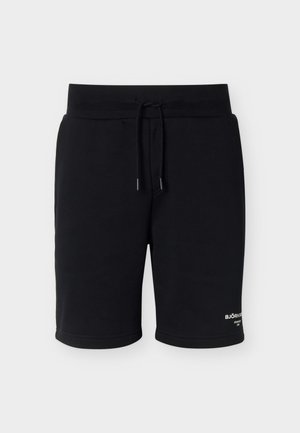 Μαύρο casual σορτς με ελαστική μέση και κορδόνι, με μικρό λευκό λογότυπο κοντά στο τελείωμα στο δεξί πόδι.