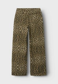Pantalones de pierna ancha con estampado de leopardo en una tela suave. Presentan una cintura alta, dos bolsillos traseros, y una combinación de colores marrón claro, negro y marrón.