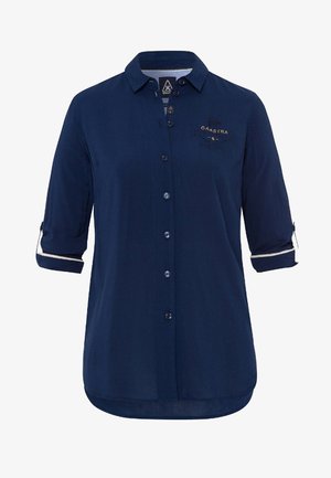Chemise bleu marine à boutons avec manches retroussées aux trois-quarts et petit logo doré "GAASTRA" sur la poitrine gauche.