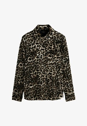 Leopard print long-sleeve shirt featuring a soft, plush texture, classic collar, front pocket, and button closure in brown and black tones.