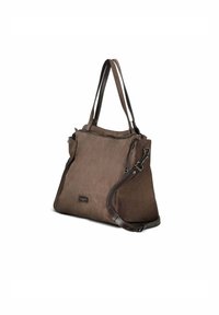 Sac fourre-tout en daim marron avec double poignées et poche latérale. Doté d'une fermeture éclair et d'accents en cuir marron pour plus de durabilité.