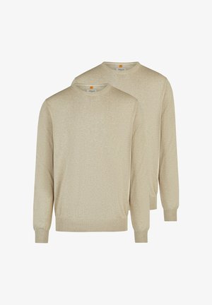To beige langærmede crewneck-trøjer med ribbede manchetter og kanter, vist overlappende på en hvid baggrund.